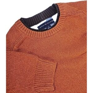 Tommy Hilfiger Sweater Men's Large RUST Knit Long Sleeve Logo Crew Neck Pullover